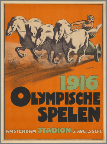 Affiche « Olympische spelen 1916 Amsterdam Stadion 31 aug.-3 sept. ». Reproduction intégrale de l’exemplaire conservé par Rijksmuseum.