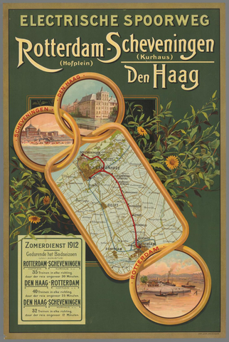Affiche « Electrische spoorweg Rotterdam - Scheveningen / Den Haag. Zomerdienst 1912 gedurende het badseizoen (Juli - Augustus) ». Reproduction intégrale de l’exemplaire conservé par Rijksmuseum.