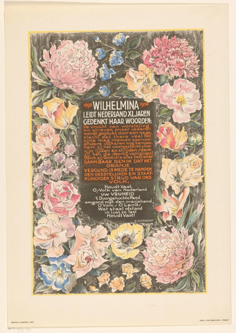 Affiche « Affiche ter gelegenheid van het veertigjarig regeringsjubileum van koningin Wilhelmina der Nederlanden ». Reproduction intégrale de l’exemplaire conservé par Rijksmuseum.