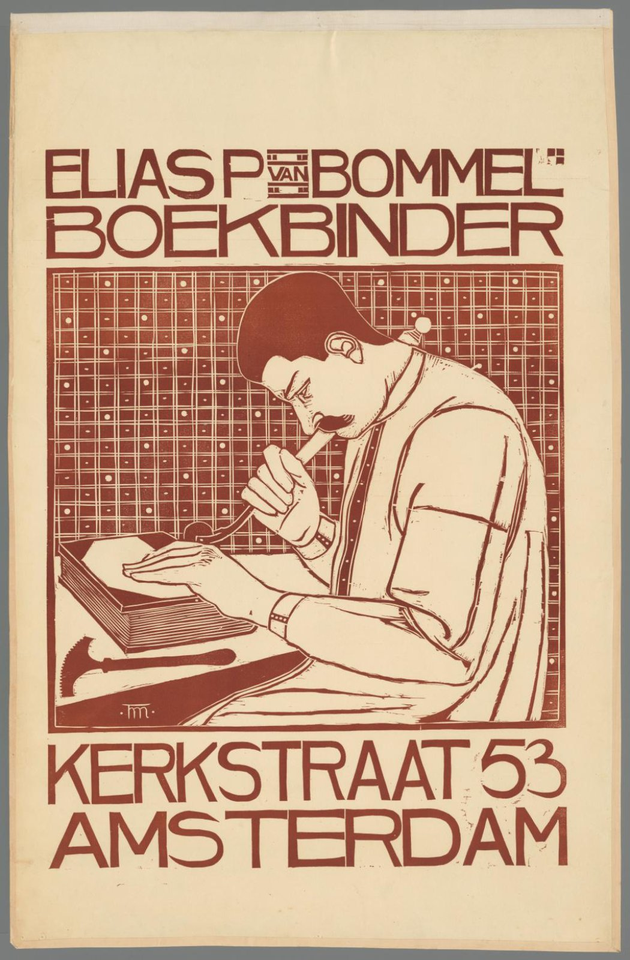 Affiche « Elias P. van Bommel Boekbinder Amsterdam. ». Reproduction intégrale de l’exemplaire conservé par Rijksmuseum.