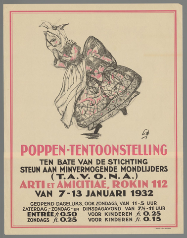 Affiche « Poppen-tentoonstelling ten bate van de Stichting Steun aan Minvermogende Mondlijders (T.A.V.O.N.A.) (...) ». Reproduction intégrale de l’exemplaire conservé par Rijksmuseum.