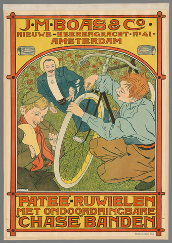 Affiche « J.M. Boas & Co. Nieuwe-Heerengracht 41 Amsterdam. 'Patee'-rijwielen met ondoordringbare 'Chase' banden ». Reproduction intégrale de l’exemplaire conservé par Rijksmuseum.