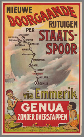 Affiche « Nieuwe doorgaande rijtuigen per staatsspoor Genua zonder overstappen via Emmerik ». Reproduction intégrale de l’exemplaire conservé par Rijksmuseum.