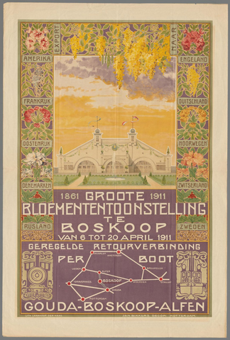 Affiche « 1861 - 1911 Groote Bloemententoonstelling te Boskooop van 6 tot 20 april 1911 ». Reproduction intégrale de l’exemplaire conservé par Rijksmuseum.
