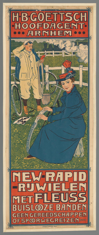 Affiche « H.B. Goettsch Hoofdagent Arnhem. New Rapid Rijwielen met Fleuss buislooze banden. Geen gereedschappen of spoorwegreizen ». Reproduction intégrale de l’exemplaire conservé par Rijksmuseum.