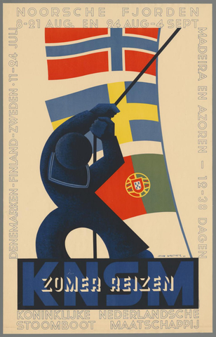 Affiche « Scandinavië 8-21 aug. en 24 aug-4 sept. Zomerreizen. KNSM. Koninklijke Nederlandsche Stoombootmaatschappij ». Reproduction intégrale de l’exemplaire conservé par Rijksmuseum.