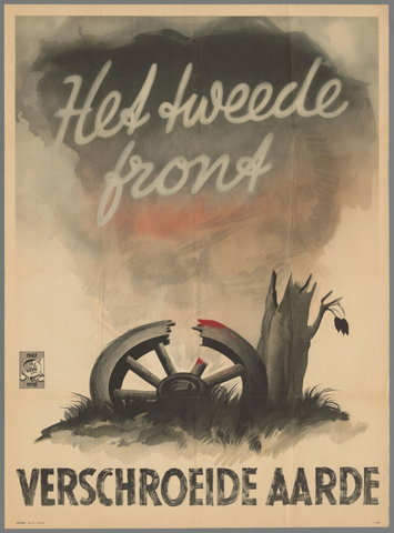 Affiche « Het tweede front, verschroeide aarde ». Reproduction intégrale de l’exemplaire conservé par Rijksmuseum.