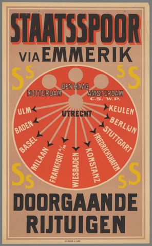 Affiche « Staatsspoor via Emmerik Ulm - Baden - Milaan (e.a.). Doorgaande rijtuigen ». Reproduction intégrale de l’exemplaire conservé par Rijksmuseum.