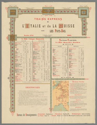 Affiche « Trains express de l'Italie et de la Suisse vers les Pays-Bas. Service d'été 1903 (...) ». Reproduction intégrale de l’exemplaire conservé par Rijksmuseum.