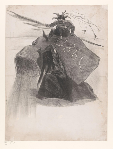 Affiche « Geknielde vrouw draagt een zak op haar rug met bovenop een narrenfiguur met schrijfveer ». Reproduction intégrale de l’exemplaire conservé par Rijksmuseum.