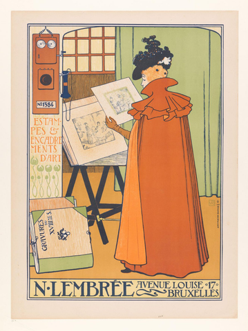 Affiche « Vrouw met lange mantel bekijkt enkele prenten ». Reproduction intégrale de l’exemplaire conservé par Rijksmuseum.