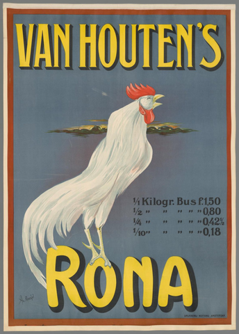 Affiche « Van Houten's Rona. 1/1 Kilogr. Bus f. 1,50 ». Reproduction intégrale de l’exemplaire conservé par Rijksmuseum.
