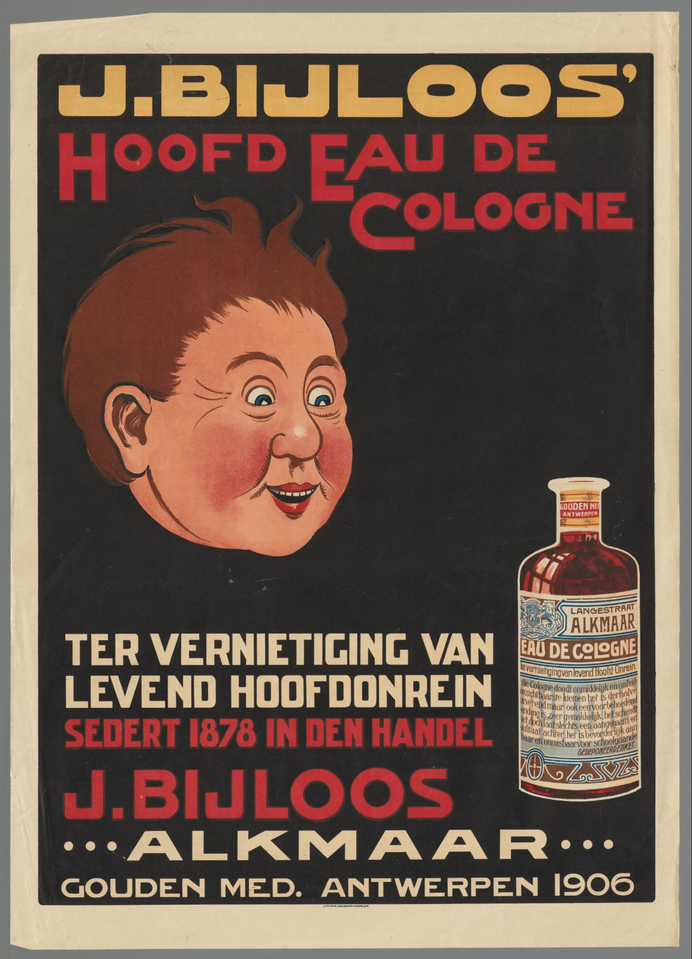 Affiche « Affiche voor J. Bijloos' Hoofd Eau de Cologne, 1906 ». Reproduction intégrale de l’exemplaire conservé par Rijksmuseum.