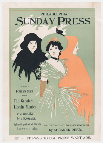 Affiche « Advertisement for Philadelphia Sunday Press, February 9, 1896 ». Reproduction intégrale de l’exemplaire conservé par The Metropolitan Museum of Art.