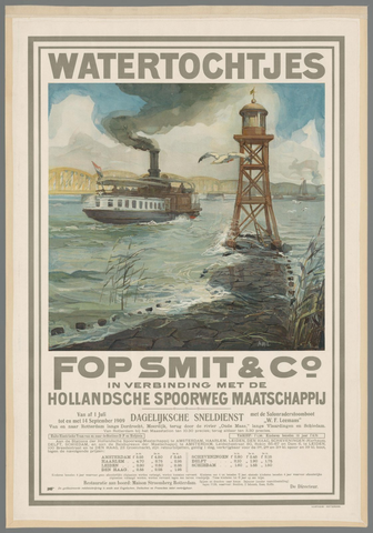 Affiche « Watertochtjes. Fop Smit & Co. in verbinding met de Hollandsche Spoorweg Maatschappij ». Reproduction intégrale de l’exemplaire conservé par Rijksmuseum.