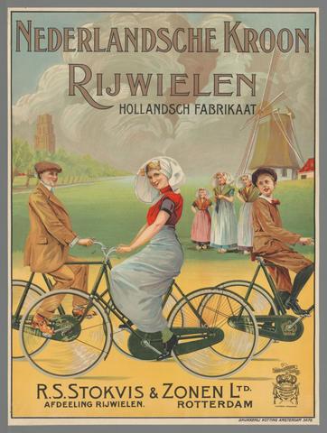 Affiche « Nederlandsche Kroon Rijwielen. Hollandsch fabrikaat. R.S. Stokvis & Zonen Ltd. Afdeeling Rijwielen. Rotterdam ». Reproduction intégrale de l’exemplaire conservé par Rijksmuseum.