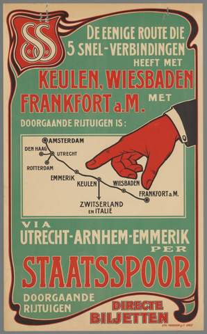 Affiche « De eenige route die 5 snel-verbindingen heeft met Keulen Wiesbaden (...) ». Reproduction intégrale de l’exemplaire conservé par Rijksmuseum.