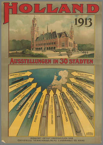 Affiche « Holland 1913. Ausstellungen in 30 Städten (...) ». Reproduction intégrale de l’exemplaire conservé par Rijksmuseum.
