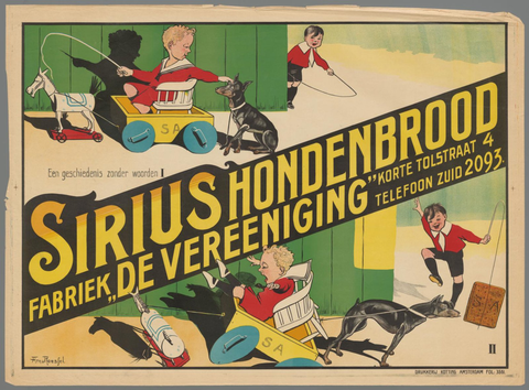 Affiche « Sirius Hondenbroodfabriek "De Vereeniging" ». Reproduction intégrale de l’exemplaire conservé par Rijksmuseum.