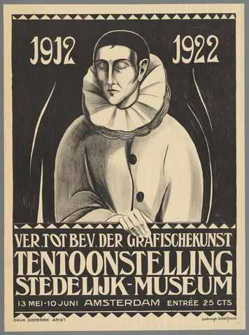 Affiche « 1912-1922. Ver. tot bev. der grafische kunst. Tentoonstelling. Stedelijk Museum 13 mei - 10 juni Amsterdam. ». Reproduction intégrale de l’exemplaire conservé par Rijksmuseum.