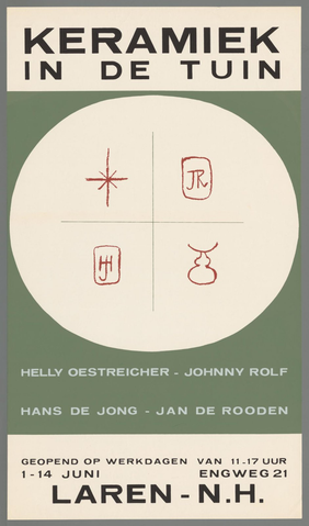 Affiche « Keramiek in de tuin. Helly Oetreicher - Johnny Rolf Hans de Jong - Jan Rooden, Laren N-H. ». Reproduction intégrale de l’exemplaire conservé par Rijksmuseum.
