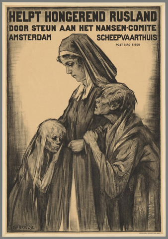 Affiche « Helpt hongerend Rusland door steun aan het Nansen-comité. Amsterdam Scheepvaarthuis. ». Reproduction intégrale de l’exemplaire conservé par Rijksmuseum.
