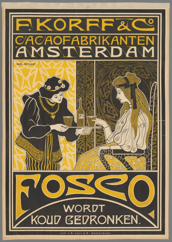 Affiche « F. Korff & Co. Cacaofabrikanten Amsterdam. Fosco wordt koud gedronken ». Reproduction intégrale de l’exemplaire conservé par Rijksmuseum.