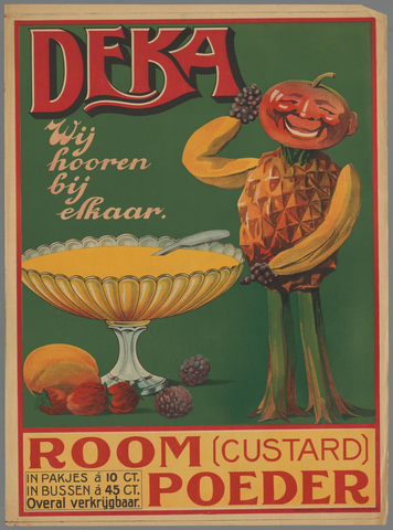 Affiche « Deka. Wij hooren bij elkaar. Room (custard) poeder. In pakjes à 10 ct. In bussen à 45 ct. Overal verkrijgbaar ». Reproduction intégrale de l’exemplaire conservé par Rijksmuseum.