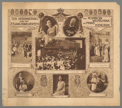 Affiche « Ter herinnering aan het 25-jarig huwelijksfeest van Koningin Wilhelmina en Prins Hendrik ». Reproduction intégrale de l’exemplaire conservé par Rijksmuseum.
