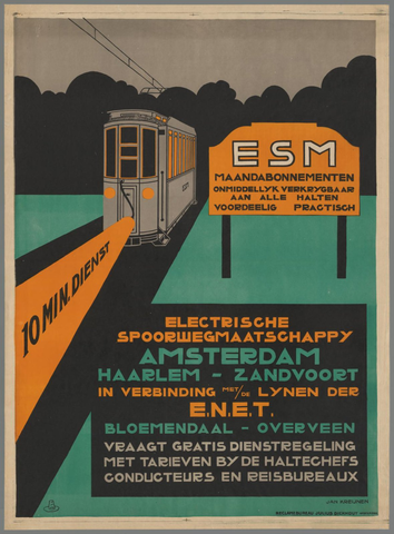 Affiche « ESM, 10 min. dienst. Electrische spoorwegmaatschappij Amsterdam Haarlem - Zandvoort (...) ». Reproduction intégrale de l’exemplaire conservé par Rijksmuseum.