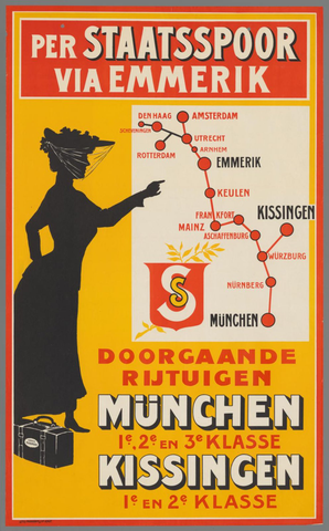 Affiche « Per staatsspoor via Emmerik. Doorgaande rijtuigen München 1e, 2e en 3e klasse. Kissingen 1e en 2e klasse ». Reproduction intégrale de l’exemplaire conservé par Rijksmuseum.