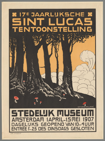 Affiche « 17e Jaarlijkse Sint Lucas tentoonstelling. Stedelijk Museum Amsterdam 1 april-15 mei 1907. ». Reproduction intégrale de l’exemplaire conservé par Rijksmuseum.