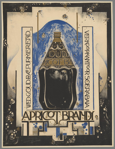 Affiche « Apricot Brandy. Weduwe G. Oud. Pz. Purmerend. Verkoopkantoor Soerabaia ». Reproduction intégrale de l’exemplaire conservé par Rijksmuseum.