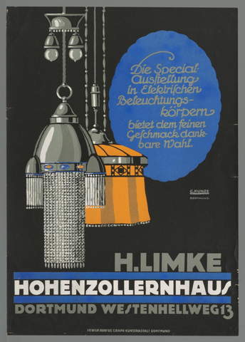 Affiche « Die Special-Ausstellung in Elektrischen Beleuchtungskörpern (...) H. Limke. Hohenzollernhaus. Dortmund ». Reproduction intégrale de l’exemplaire conservé par Rijksmuseum.