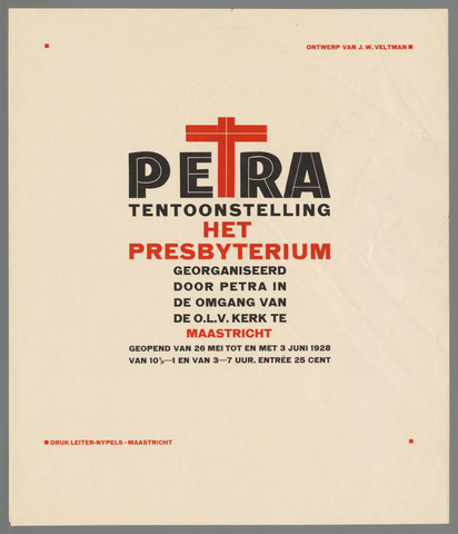 Affiche « Petra. Tentoonstelling Het Presbyterium georganiseerd door Petra in de omgeving van de o.l.v. kerk te Maastricht ». Reproduction intégrale de l’exemplaire conservé par Rijksmuseum.