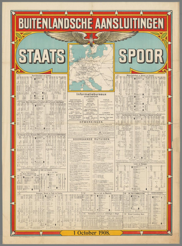 Affiche « Buitenlandsche aansluitingen staatsspoor 1 October 1908 ». Reproduction intégrale de l’exemplaire conservé par Rijksmuseum.