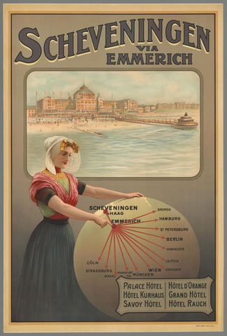 Affiche « Scheveningen via Emmerich. Scheveningen - Haag - Emmerich - Bremen - Hamburg - St. Petersburg (e.a.). Palace Hotel. Hotel Kurhaus. Savoy Hotel (e.a.) ». Reproduction intégrale de l’exemplaire conservé par Rijksmuseum.