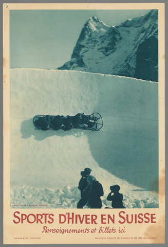 Affiche « Sports d'Hiver en Suisse. Reseinments et billets ici. ». Reproduction intégrale de l’exemplaire conservé par Rijksmuseum.