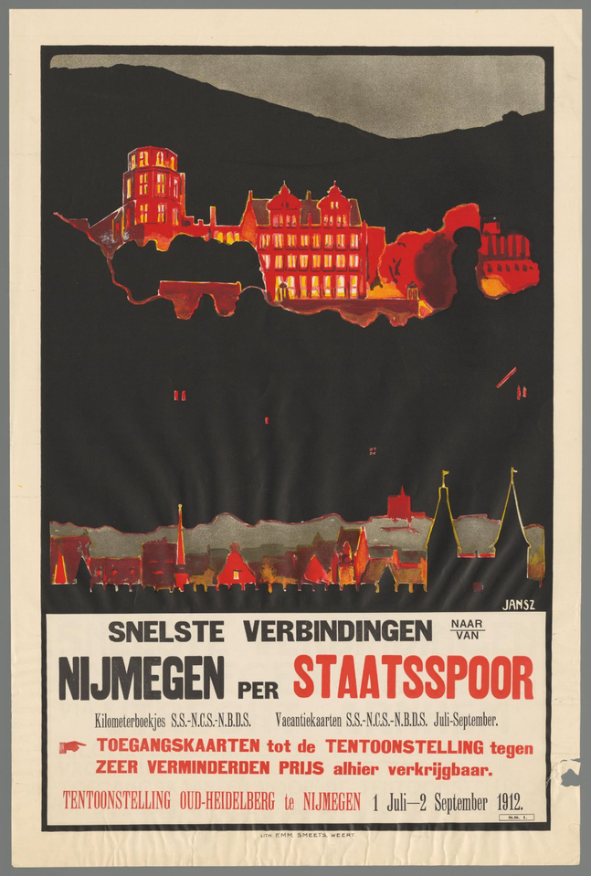 Affiche « Snelste verbindingen naar/van Nijmegen per Staatsspoor (...) ». Reproduction intégrale de l’exemplaire conservé par Rijksmuseum.