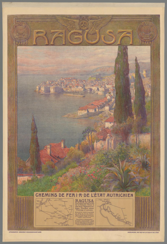 Affiche « Ragusa, chemins de fer IR de l' Etat Austrichien. ». Reproduction intégrale de l’exemplaire conservé par Rijksmuseum.