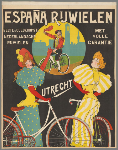 Affiche « Espana rijwielen. Beste & goedkoopste Nederlandsche rijwielen met volle garantie ». Reproduction intégrale de l’exemplaire conservé par Rijksmuseum.