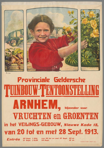 Affiche « Provinciale Geldersche Tuinbouwtentoonstelling Arnhem, bijzonder voor vruchten en groenten in het Veilings-gebouw van 20 tot en met 28 Sept. 1913 ». Reproduction intégrale de l’exemplaire conservé par Rijksmuseum.