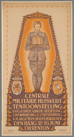 Affiche « Centrale Militaire Huisvlijttentoonstelling uitgaande van de afdeeling ontwikkeling & ontspanning v.h. Algemeen Hoofdkwartier Den Haag 12-16 Juni. Dierentuin ». Reproduction intégrale de l’exemplaire conservé par Rijksmuseum.