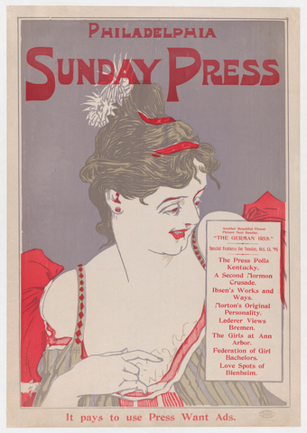 Affiche « Advertisement for Philadelphia Sunday Press, Oct. 13, 1895 ». Reproduction intégrale de l’exemplaire conservé par The Metropolitan Museum of Art.