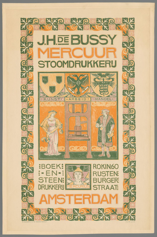 Affiche « J.H. de Bussy Mercuur Stoomdrukkerij. Boek- en Steendrukkerij Mercurius Amsterdam. ». Reproduction intégrale de l’exemplaire conservé par Rijksmuseum.