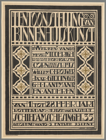 Affiche « Tentoonstelling van Binnenhuiskunst, van 1 tot 28 Februari, Rotterdam Huize van Hasselt ». Reproduction intégrale de l’exemplaire conservé par Rijksmuseum.