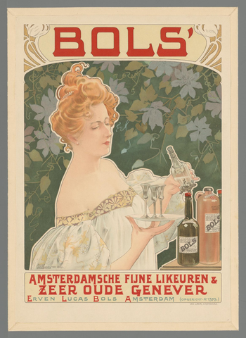 Affiche « Bols' Amsterdamsche fijne likeuren & zeer oude genever ». Reproduction intégrale de l’exemplaire conservé par Rijksmuseum.