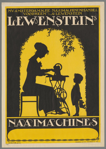 Affiche « N.V. Amsterdamsche naaimachinehandel voorheen A. Lewenstein. Lewensteins Naaimachines ». Reproduction intégrale de l’exemplaire conservé par Rijksmuseum.